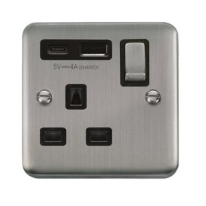 Click Scolmore - Click Deco Plus Ingot 13A 1 Gang Switched Safety Shutter Socket Outlet With Type A & C Usb (4A) Outlets Stainless Steel Black Inserts (DPSS585BK)