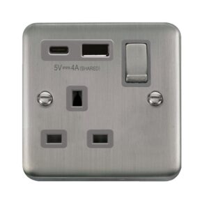 Click Scolmore - Click Deco Plus Ingot 13A 1 Gang Switched Safety Shutter Socket Outlet With Type A & C Usb (4A) Outlets Stainless Steel Grey Inserts (DPSS585GY)