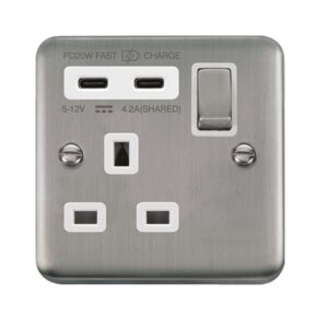 Click Scolmore - Click Deco Plus Ingot 13A 1 Gang Switched Safety Shutter Socket Outlet With Type A & C Usb (4A) Outlets Stainless Steel White Inserts (DPSS585WH)