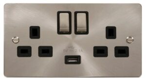 Click Scolmore - Click Define Brushed Stainless Steel 13A 2G Ingot Switched Socket With 2.1A Usb Outlet Black (FPBS570BK)