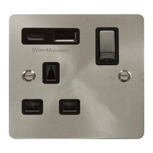 Click Scolmore - Click Define Define Ingot 13A 1 Gang Switched Safety Shutter Socket Outlet With Type A & C Usb (4A) Outlets Brushed Stainless Black Inserts (FPBS585BK)