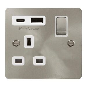 Click Scolmore - Click Define Define Ingot 13A 1 Gang Switched Safety Shutter Socket Outlet With Type A & C Usb (4A) Outlets Brushed Stainless White Inserts (FPBS585WH)