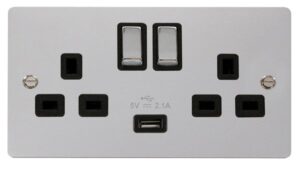 Click Scolmore - Click Define Polished Chrome 13A 2G Ingot Switched Socket With 2.1A Usb Outlet Black (FPCH570BK)
