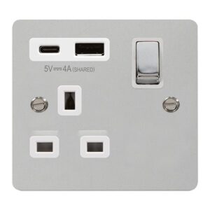 Click Scolmore - Click Define Define Ingot 13A 1 Gang Switched Safety Shutter Socket Outlet With Type A & C Usb (4A) Outlets Polished Chrome White Inserts (FPCH585WH)