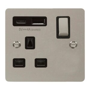 Click Scolmore - Click Define Define Ingot 13A 1 Gang Switched Safety Shutter Socket Outlet With Type A & C Usb (4A) Outlets Pearl Nickel Black Inserts (FPPN585BK)