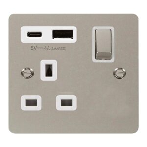 Click Scolmore - Click Define Define Ingot 13A 1 Gang Switched Safety Shutter Socket Outlet With Type A & C Usb (4A) Outlets Pearl Nickel White Inserts (FPPN585WH)