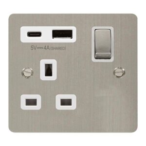 Click Define Define Ingot 13A 1 Gang Switched Safety Shutter Socket Outlet With Type A & C Usb (4A) Outlets Stainless Steel White Inserts