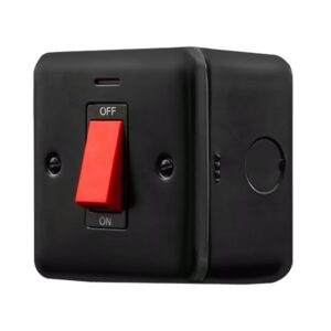Click Scolmore - Click Metal Clad Pro 50A 1 Gang Double Pole Plate Switch With Red Rocker & Led Black (MCP201BK)