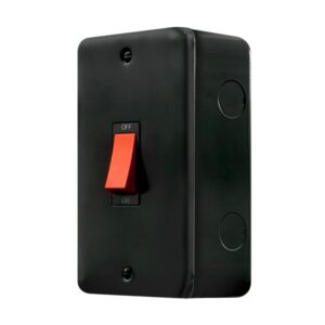 Click Scolmore - Click Metal Clad Pro 50A 2 Gang (Vertical) Double Pole Plate Switch With Red Rocker Black (MCP202BK)