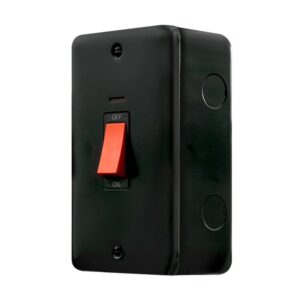 Click Scolmore - Click Metal Clad Pro 50A 2 Gang (Vertical) Double Pole Plate Switch With Red Rocker & Led Black (MCP203BK)