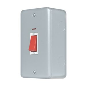 Click Scolmore - Click Metal Clad Pro 50A 2 Gang (Vertical) Double Pole Plate Switch With Red Rocker & Led (MCP203)