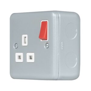 Click Metal Clad Pro 13A 1 Gang Double Pole Safety Shutter Switched Socket Outlet Red Rocker