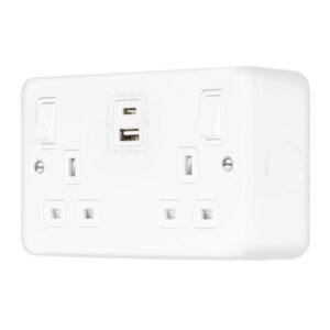 Click Metal Clad Pro 13A 2G Safety Shutter Switched Socket Outlet With Type A & C Usb (4.2A) Outlets Polar White