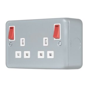 Click Metal Clad Pro 13A 2 Gang Double Pole Safety Shutter Outboard Switched Socket Outlet With Led Indication Red Rockers