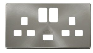 Click Scolmore - Click Definity 13A 2G Switched Socket With 2.1A Usb Charger Cover Plate Brushed Stainless (SCP470BS)