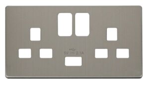 Click Scolmore - Click Definity 13A 2G Switched Socket With 2.1A Usb Charger Cover Plate Stainless Steel (SCP470SS)