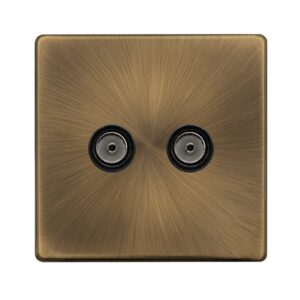 Click Definity Complete Twin Non-Isolated Coaxial Outlet Antique Brass Cover Plate Black Insert