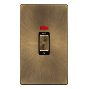 Click Definity Complete 50A Ingot 2 Gang Double Pole Switch With Neon Antique Brass Cover Plate Black Insert