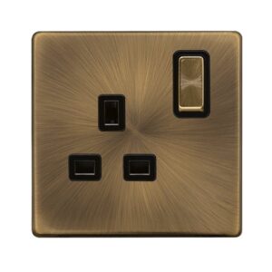 Click Definity Complete 13A Ingot 1 Gang Dp Switched Socket Antique Brass Cover Plate Black Insert