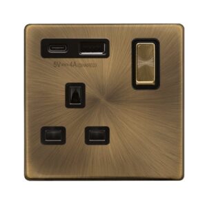 Click Definity Complete Definity Ingot 13A 1 Gang Switched Safety Shutter Socket Outlet With Type A & C Usb (4A) Outlets Antique Brass Black Inserts