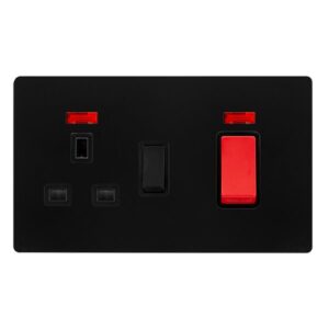 Click Scolmore - Click Definity Complete 50A Double Pole Switch With 13A Double Pole Switched Socket & Neon Matt Black Cover Plate Black Insert (SFBK205BK)