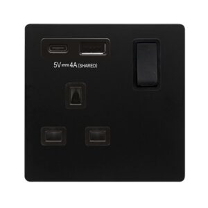 Click Scolmore - Click Definity Complete Definity Non Ingot 13A 1 Gang Switched Safety Shutter Socket Outlet With Type A & C Usb (4A) Outlets Matt Black Black Inserts (SFBK785BK)