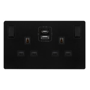 Click Scolmore - Click Definity Complete 13A Ingot 2 Gang Switched Safety Shutter Socket With Type A & C Usb Matt Black Cover Plate Black Insert (SFBK786BK)