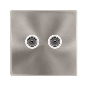 Click Scolmore - Click Definity Complete Twin Non-Isolated Coaxial Outlet Brushed Steel Cover Plate Polar White Insert (SFBS066PW)