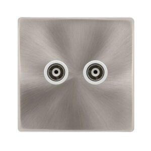 Click Scolmore - Click Definity Complete Twin Isolated Coaxial Outlet Brushed Steel Cover Plate Polar White Insert (SFBS159PW)