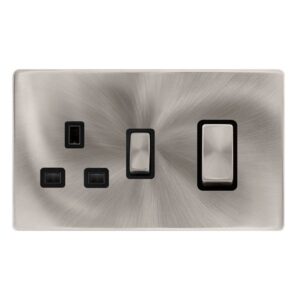 Click Scolmore - Click Definity Complete 50A Ingot Double Pole Switch With 13A Double Pole Switched Socket Brushed Steel Cover Plate Black Insert (SFBS504BK)
