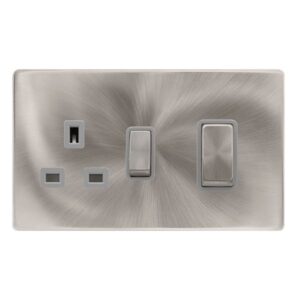 Click Scolmore - Click Definity Complete 50A Ingot Double Pole Switch With 13A Double Pole Switched Socket Brushed Steel Cover Plate Grey Insert (SFBS504GY)