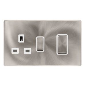 Click Scolmore - Click Definity Complete 50A Ingot Double Pole Switch With 13A Double Pole Switched Socket Brushed Steel Cover Plate Polar White Insert (SFBS504PW)