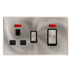 Click Scolmore - Click Definity Complete 50A Ingot Double Pole Switch With 13A Double Pole Switched Socket & Neon Brushed Steel Cover Plate Black Insert (SFBS505BK)
