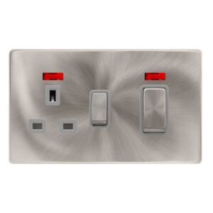 Click Scolmore - Click Definity Complete 50A Ingot Double Pole Switch With 13A Double Pole Switched Socket & Neon Brushed Steel Cover Plate Grey Insert (SFBS505GY)