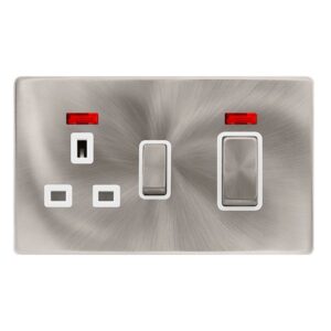 Click Scolmore - Click Definity Complete 50A Ingot Double Pole Switch With 13A Double Pole Switched Socket & Neon Brushed Steel Cover Plate Polar White Insert (SFBS505PW)