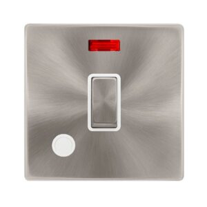 Click Scolmore - Click Definity Complete 20A Ingot Double Pole Switch With Neon & Flex Outlet Brushed Steel Cover Plate Polar White Insert (SFBS523PW)