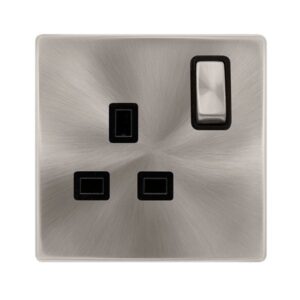 Click Scolmore - Click Definity Complete 13A Ingot 1 Gang Dp Switched Socket Brushed Steel Cover Plate Black Insert (SFBS535BK)