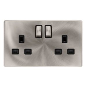 Click Scolmore - Click Definity Complete 13A Ingot 2 Gang Dp Switched Socket Brushed Steel Cover Plate Black Insert (SFBS536BK)