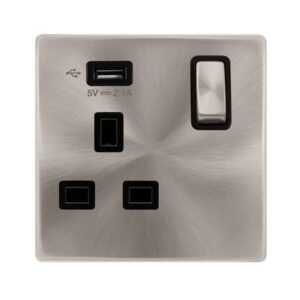 Click Scolmore - Click Definity Complete 13A Ingot 1 Gang Switched Socket With 2.1A Usb Outlet Brushed Steel Cover Plate Black Insert (SFBS571UBK)