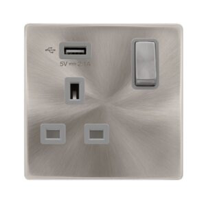 Click Scolmore - Click Definity Complete 13A Ingot 1 Gang Switched Socket With 2.1A Usb Outlet Brushed Steel Cover Plate Grey Insert (SFBS571UGY)
