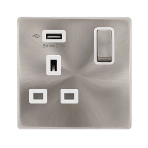 Click Scolmore - Click Definity Complete 13A Ingot 1 Gang Switched Socket With 2.1A Usb Outlet Brushed Steel Cover Plate Polar White Insert (SFBS571UPW)