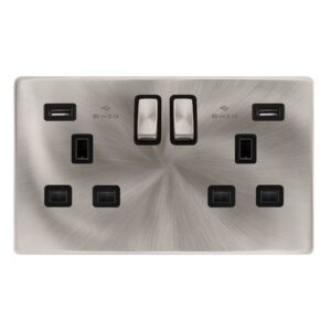 Click Scolmore - Click Definity Complete 13A Ingot 2 Gang Switched Socket With 2.1A Usb Outlets Brushed Steel Cover Plate Black Insert (SFBS580BK)