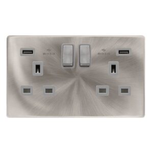 Click Scolmore - Click Definity Complete 13A Ingot 2 Gang Switched Socket With 2.1A Usb Outlets Brushed Steel Cover Plate Grey Insert (SFBS580GY)