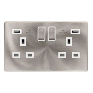 Click Scolmore - Click Definity Complete 13A Ingot 2 Gang Switched Socket With 2.1A Usb Outlets Brushed Steel Cover Plate Polar White Insert (SFBS580PW)