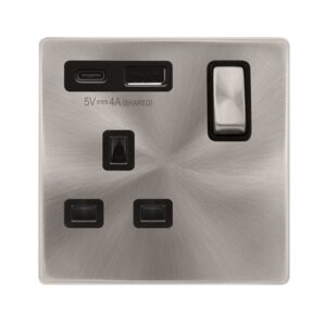 Click Scolmore - Click Definity Complete Definity Ingot 13A 1 Gang Switched Safety Shutter Socket Outlet With Type A & C Usb (4A) Outlets Brushed Stainless Black Inserts (SFBS585BK)