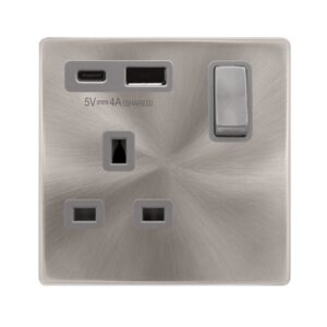 Click Scolmore - Click Definity Complete Definity Ingot 13A 1 Gang Switched Safety Shutter Socket Outlet With Type A & C Usb (4A) Outlets Brushed Stainless Grey Inserts (SFBS585GY)
