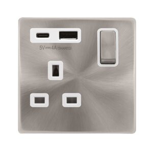 Click Scolmore - Click Definity Complete Definity Ingot 13A 1 Gang Switched Safety Shutter Socket Outlet With Type A & C Usb (4A) Outlets Brushed Stainless Polar White Inserts (SFBS585PW)