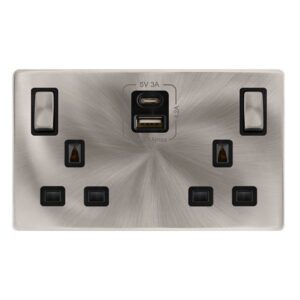 Click Scolmore - Click Definity Complete 13A Ingot 2 Gang Switched Safety Shutter Socket With Type A & C Usb Brushed Steel Cover Plate Black Insert (SFBS586BK)