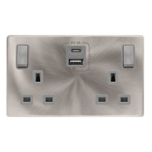 Click Scolmore - Click Definity Complete 13A Ingot 2 Gang Switched Safety Shutter Socket With Type A & C Usb Brushed Steel Cover Plate Grey Insert (SFBS586GY)