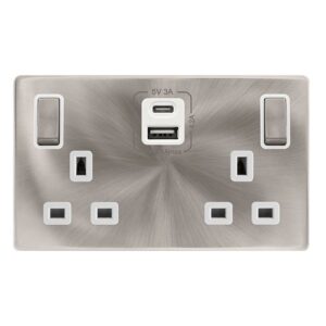 Click Scolmore - Click Definity Complete 13A Ingot 2 Gang Switched Safety Shutter Socket With Type A & C Usb Brushed Steel Cover Plate Polar White Insert (SFBS586PW)